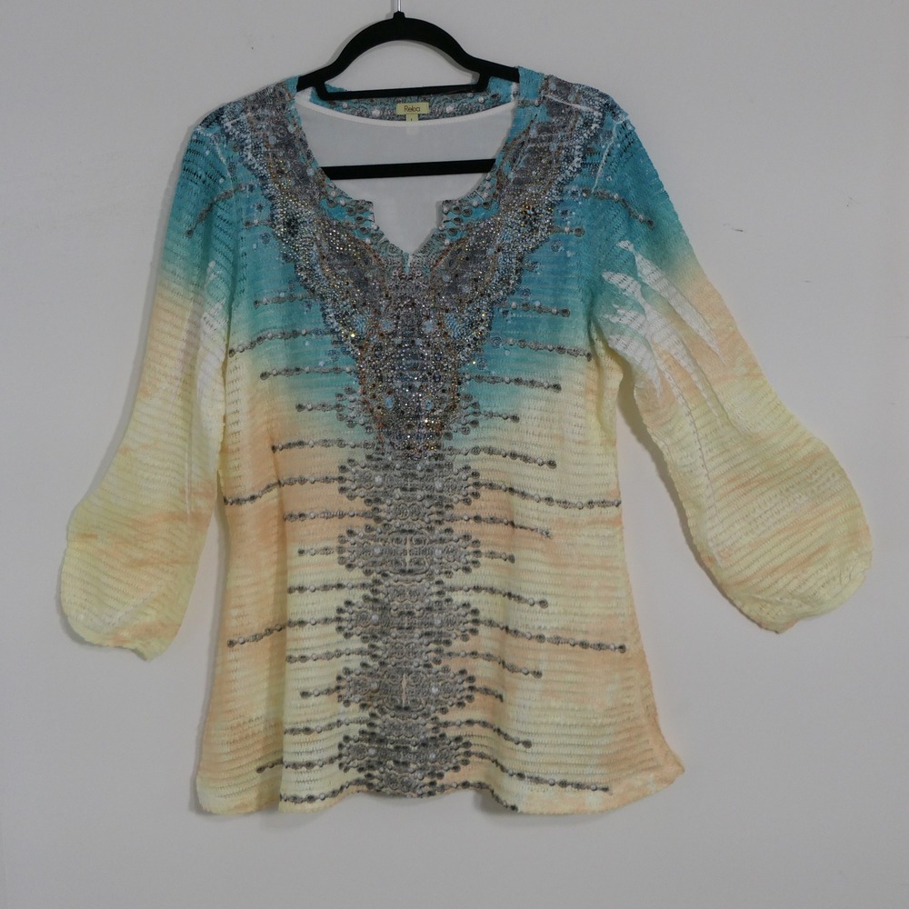 Reba Womens Tunic L Blue Peach Ombre Boho Embellished Mesh Knit Lined Sunset